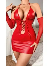 Lily Bianca Parlak Kırmızı Dekolteli Lame Kadın Seksi Elbise Lily Bianca LB-135