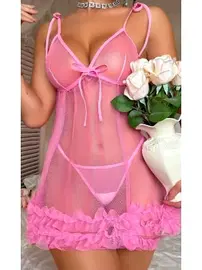 Ruselin Pembe Dantel Askılı Transparan Tül Gecelik Tanga Takımı Ruselin 2096