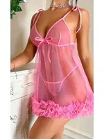 Pembe Dantel Askılı Transparan Tül Gecelik Tanga Takımı Ruselin 2096 Pembe detay görünüm