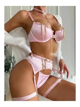 For Dreams Zincir Süslemeli Saten Görünümlü Pembe Jartiyer Takım For Dreams 8424