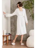 Penye Dantelli Kare Yaka Gecelik Sabahlık Takım Pierre Cardin 4005  Ekru görsel 10