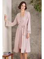 Penye Dantelli Kare Yaka Gecelik Sabahlık Takım Pierre Cardin 4005  Pudra