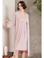 Penye Dantelli Kare Yaka Gecelik Sabahlık Takım Pierre Cardin 4005  Pudra detay görünüm