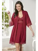 Penye Transparan Dantelli Gecelik Sabahlık Takım Pierre Cardin 4020  Bordo görsel 21