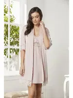 Penye Transparan Dantelli Gecelik Sabahlık Takım Pierre Cardin 4020  Pudra görsel 12