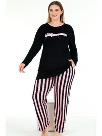 Lady Pijama Uzun Kollu Siyah Büyük Beden Viskon Kumaş Pijama Takımı Lady 11395