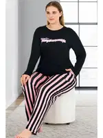 Pijama Uzun Kollu Siyah Büyük Beden Viskon Kumaş Pijama Takımı Lady 11395 Siyah detay görünüm
