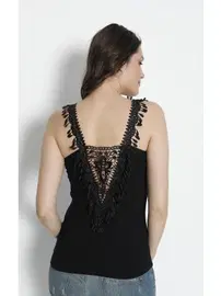 Polkan Sırtı Saçaklı Güpürlü Siyah Kadın Atlet Polkan 2376