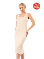 Premium Diz Altı Uzun Esnek Rahat Kalın Askılı Kombinezon Elbise Jüpon Özkan 27372 Ten