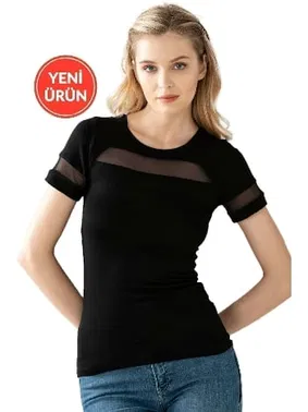 Özkan Premium Kumaş Ring Viskon Bisiklet Yaka Tül Detaylı Kısa Kollu Örme Kadın T-Shirt Özkan 26983 