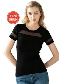 Özkan Premium Kumaş Ring Viskon Bisiklet Yaka Tül Detaylı Kısa Kollu Örme Kadın T-Shirt Özkan 26983 