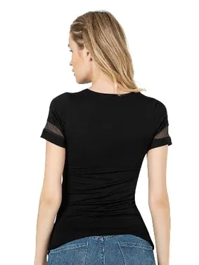 Özkan Premium Kumaş Ring Viskon Bisiklet Yaka Tül Detaylı Kısa Kollu Örme Kadın T-Shirt Özkan 26983  - Alternatif Görünüm