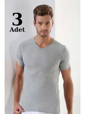 Arma Yıldız Premium %100 Pamuk Erkek Gri V Yaka T-shirt Arma Yıldız 1003 - 3 ADET