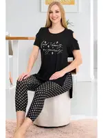 Puantiyeli Kısa Kollu Omuz Detaylı Rahat Kesim Kapri Pijama Takımı Lady 12056 Siyah