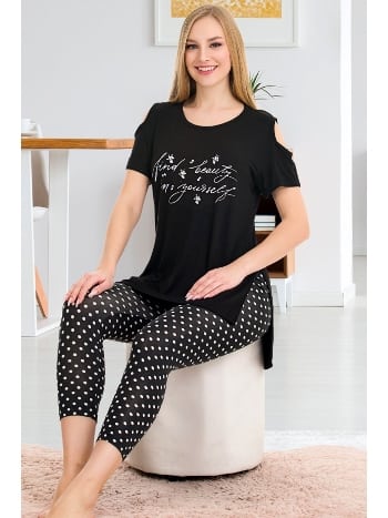 Puantiyeli Kısa Kollu Omuz Detaylı Rahat Kesim Kapri Pijama Takımı Lady 12056