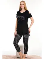 Puantiyeli Kısa Kollu Omuz Detaylı Rahat Kesim Kapri Pijama Takımı Lady 12056 Siyah detay görünüm