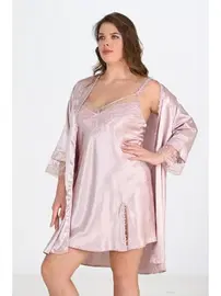 Ahu Lingerie Pudra 2li Büyük Beden Gecelik Sabahlık Takımı Bigsize Ahu 6214