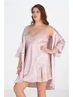 Pudra 2li Büyük Beden Gecelik Sabahlık Takımı Bigsize Ahu 6214 Pudra