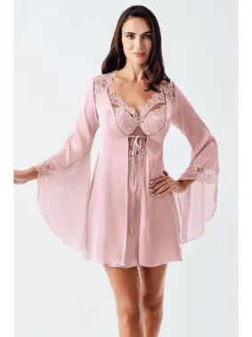 İmaj Pudra 2li Saten Gecelik Takım Tül Dantel Detaylı Transparan İmaj 104