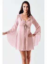 İmaj Pudra 2li Saten Gecelik Takım Tül Dantel Detaylı Transparan İmaj 104