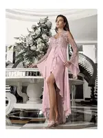 Pudra 2li Saten Gecelik Takımı Transparan Dantelli İmaj 3204 Pudra