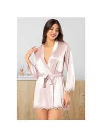 XSES Pudra Dantelli Saten Kısa Kuşaklı Kadın Sabahlık XSES 2112