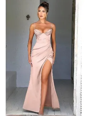 Pink Night Pudra Dekolteli Parlak Seksi Uzun Kadın Elbise Pink Night 5550