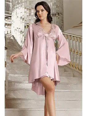 İmaj Pudra Sabahlıklı Gecelik İkili Çeyizlik Saten Set İmaj 101