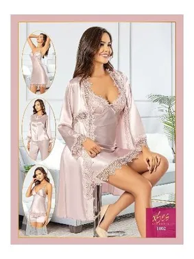 XSES Pudra Saten 6Lı Gelin Çeyiz Seti Dantelli Gecelik Takımı XSES 1002