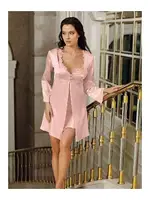 Pudra Saten Gecelik Takımı Dantel Güpür Kristal Taş Detaylı 2 Parça Omuzu Şal Şifon İmaj 4207 Pudra detay görünüm