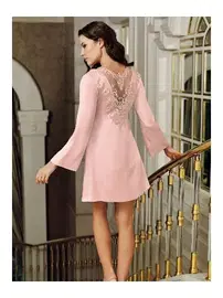 İmaj Pudra Saten Gecelik Takımı Dantel Güpür Kristal Taş Detaylı 2 Parça Omuzu Şal Şifon İmaj 4207