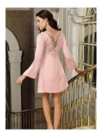 Pudra Saten Gecelik Takımı Dantel Güpür Kristal Taş Detaylı 2 Parça Omuzu Şal Şifon İmaj 4207 Pudra