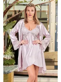 Nurteks Pudra Saten Kimono Takım Nurteks 5344