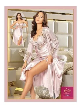 XSES Pudra Yırtmaçlı Saten Sırtı Çapraz Askılı 2Li Gecelik Sabahlık Çeyiz Seti XSES 2104