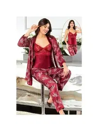 XSES Sabahlıklı Dantelli Saten Empirme Pijama Çeyiz Seti XSES 2150