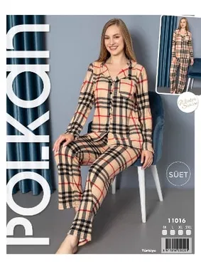 Polkan Sarı Çizgili Önden Düğmeli Uzun Kollu Süet Pijama Takım Polkan 11016