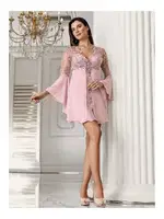 Saten 2'li Kadın Fantazi Transparan Dantel Sırtı Biyeli Bağlama Detaylı Gecelik Takımı İmaj 3205 Pudra detay görünüm