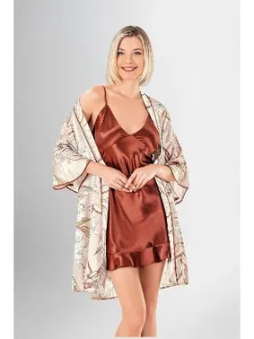 Ahu Lingerie Saten 2Li Kısa Sabahlık Takımı Kiremit Ahu Loriva 1910