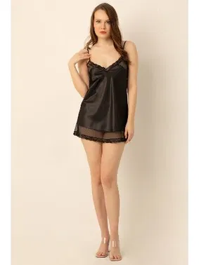 DOREMI Saten Ayarlanabilir Askılı Tül Detaylı Mini Gecelik DoReMi 002-001056 - Alternatif Görünüm