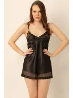 Saten Ayarlanabilir Askılı Tül Detaylı Mini Gecelik DoReMi 002-001056 Siyah görsel 6