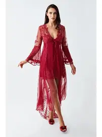 İmaj Saten Bordo Gecelik Takımı Transparan Dantel Detaylı İmaj 4200