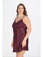 Saten Büyük Beden Mürdüm Gecelik Ahu Primoda 2108 Mürdüm