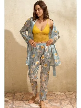 Anıl Saten Çiçek Baskılı Sabahlık Balensiz Desteksiz Dolgusuz Dantelli Bralet Pantolon Pijama 3'lü Takım Anıl 5690