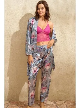Anıl Çiçek Baskılı Saten Sabahlık Balensiz Desteksiz Dolgusuz Dantelli Bralet Sütyen Pantolon Pijama 3'lü Takım Anıl 5701