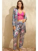 Çiçek Baskılı Saten Sabahlık Balensiz Desteksiz Dolgusuz Dantelli Bralet Sütyen Pantolon Pijama 3'lü Takım Anıl 5701 Gri