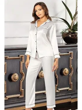 XSES Saten Ekru Gömlek Yaka Önden Düğmeli Kadın Pijama Takımı XSES 2105