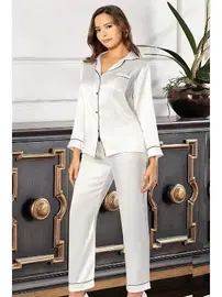 XSES Saten Ekru Gömlek Yaka Önden Düğmeli Kadın Pijama Takımı XSES 2105