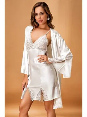 Nurteks Saten Ekru Kimono Takım Nurteks 5325