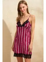 Çizgili Askılı Saten Gecelik Anıl 5643 Bordo