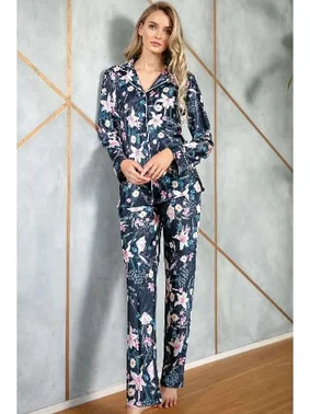 Anıl Saten Önden Düğmeli Uzun Pijama Takım Anıl 9723